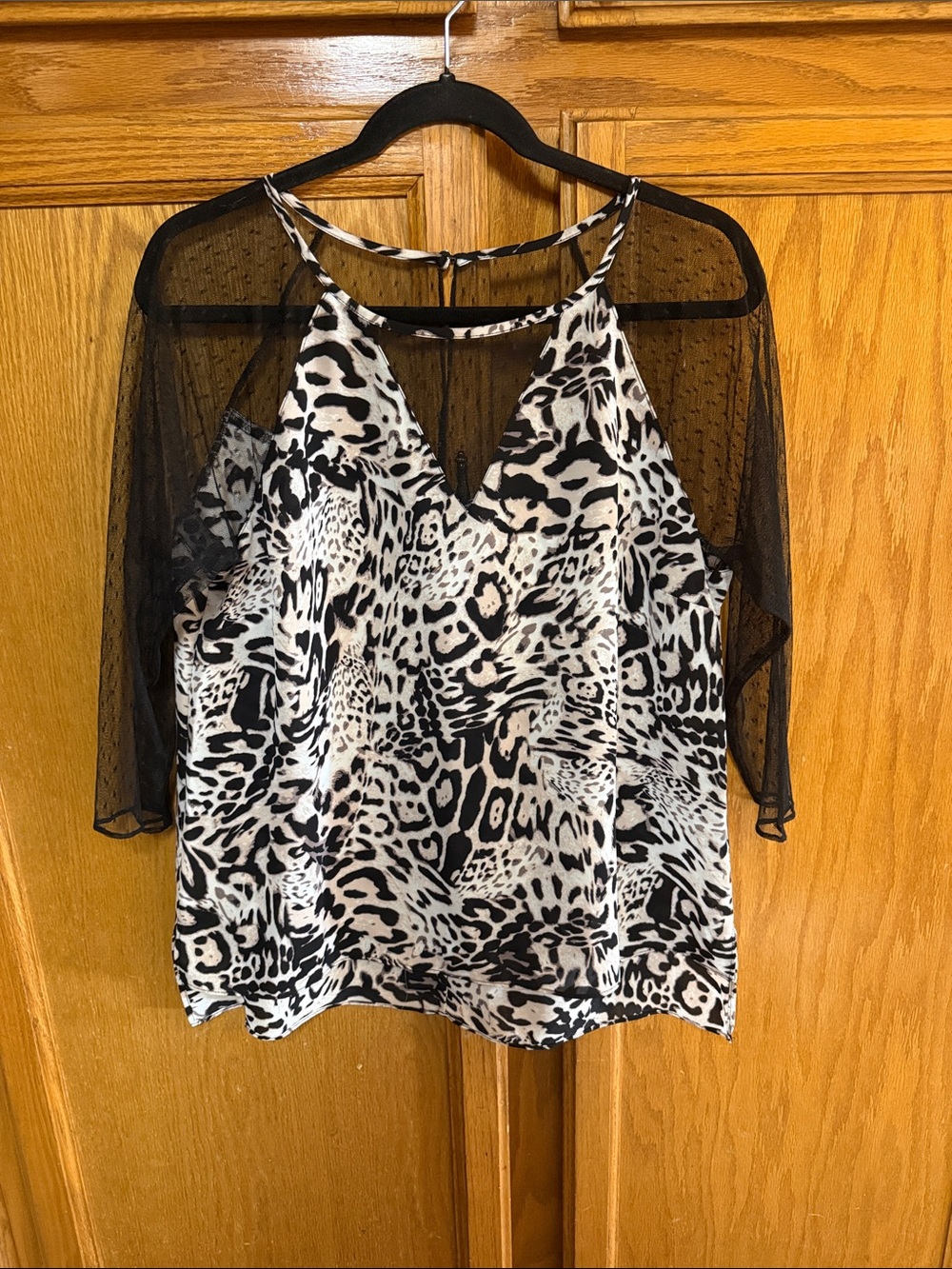 Black & White Animal Print Sheer Sleeve Women’s Top